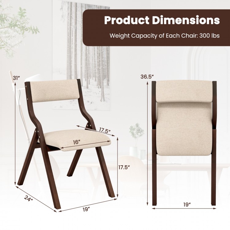 Wooden folding dining chair with linen fabric padded seat, showcasing dimensions and weight capacity for compact spaces.