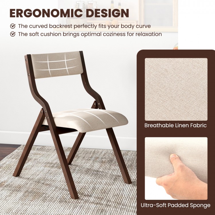 Wooden folding dining chair with padded linen seat and backrest, featuring ergonomic design for comfort and.