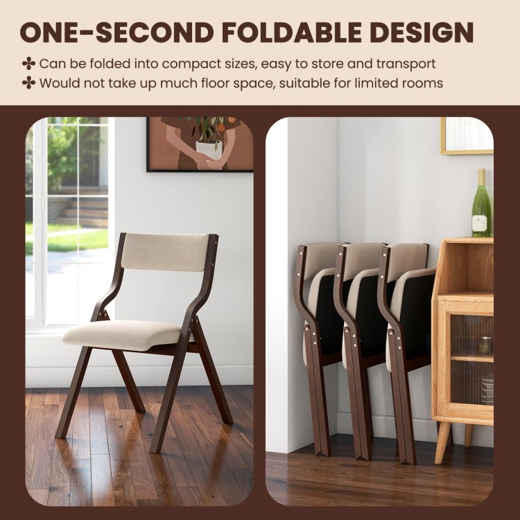 Wooden folding dining chairs with linen fabric padded seats, compact design for easy storage in limited spaces.