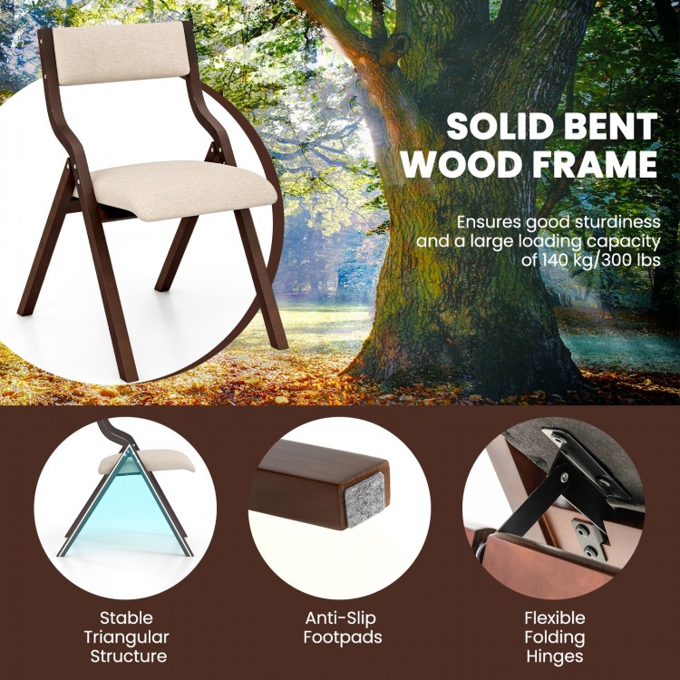 Wooden folding dining chair with padded linen seat, solid bent wood frame, and anti-slip footpads for stability.
