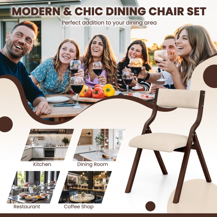 Wooden folding dining chair with linen fabric padded seat, ideal for compact spaces in kitchens or cafes.