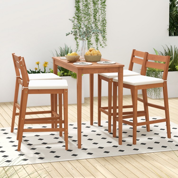 Set of 2 outdoor barstools with soft off-white cushions, made of durable eucalyptus wood for indoor and outdoor use.