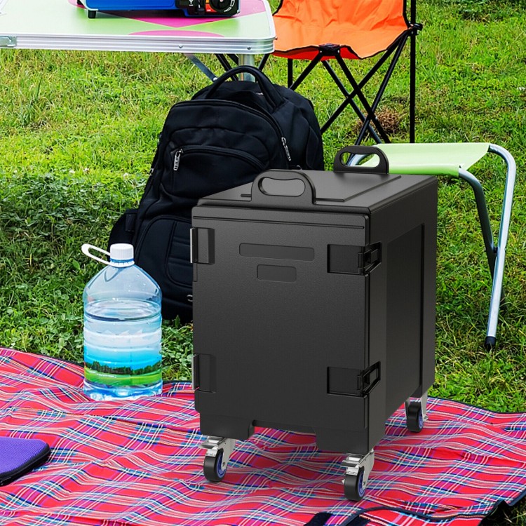 Insulated food pan carrier with wheels, 81-quart capacity, ideal for outdoor events and easy transport.