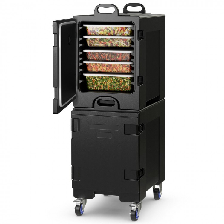 Stackable 81-quart insulated food pan carrier with 8 slots, wheels, and a rotatable door for easy transport and access.