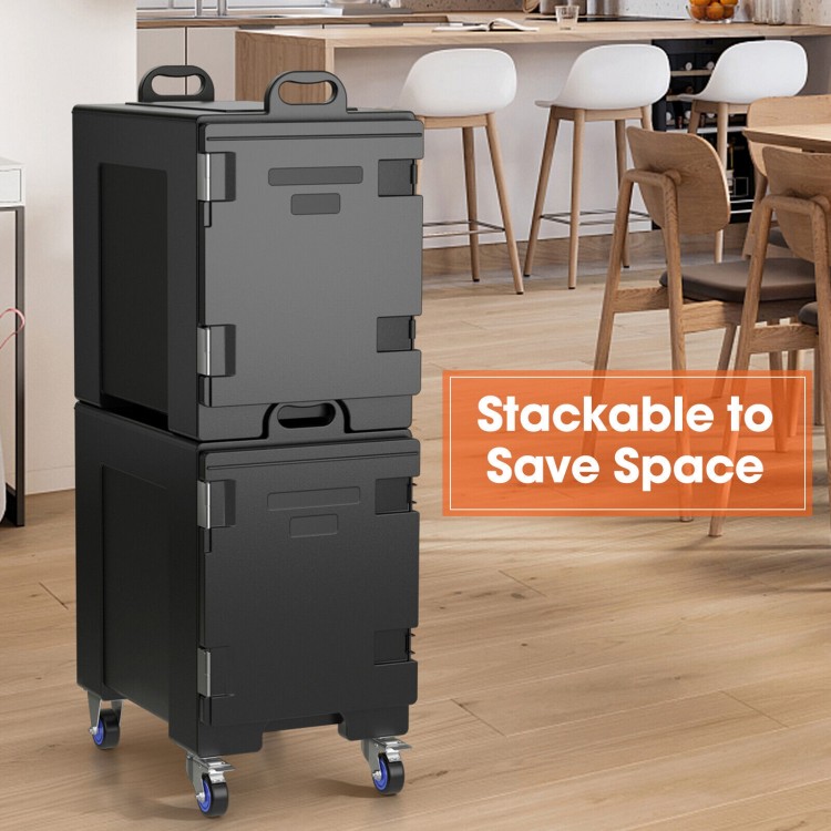 Stackable 81 quart insulated food pan carrier with wheels, designed for easy transport and excellent thermal insulation.