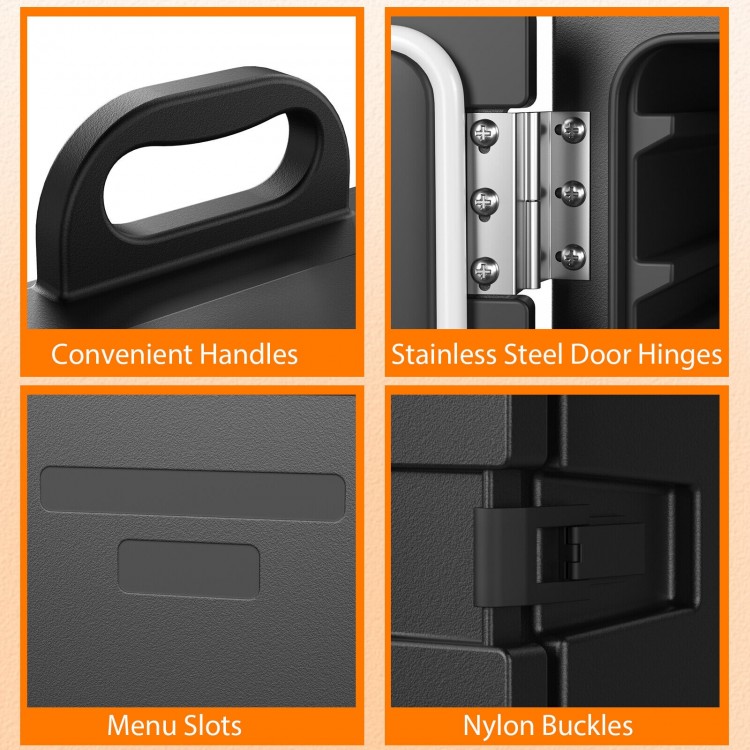 Close-up of the insulated food pan carrier's convenient handles, stainless steel hinges, and nylon buckles for.