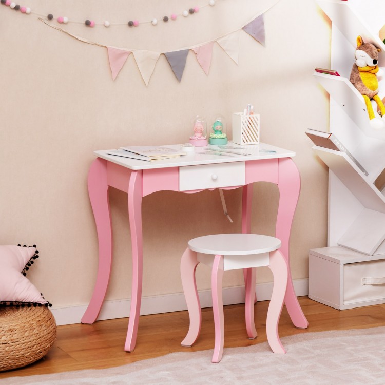 Kids vanity stool in pink with smooth paint finish and non-slip foot pads, designed for stability and safety.