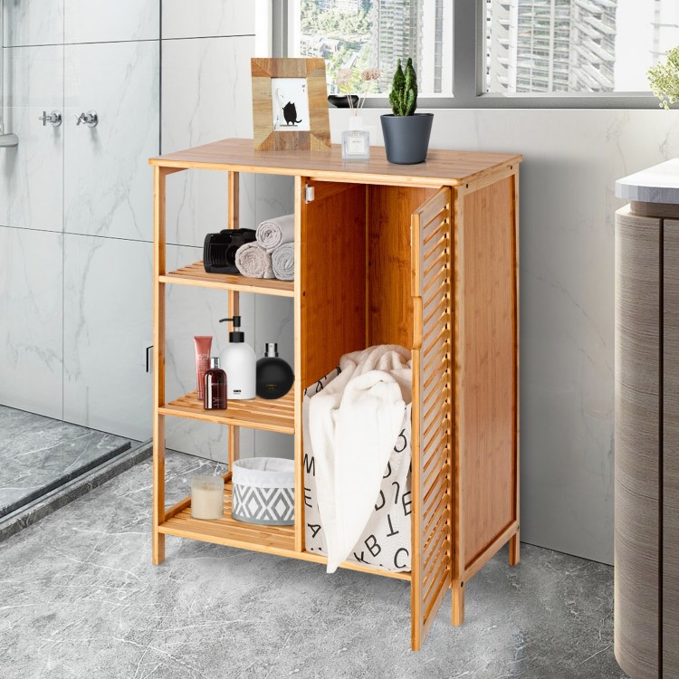 Bamboo bathroom storage cabinet with single louvered door and three shelves, perfect for organizing supplies in small.