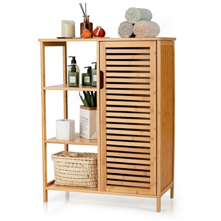 Bamboo bathroom storage cabinet showcasing a natural finish, with a louvered door and three open shelves for versatile.