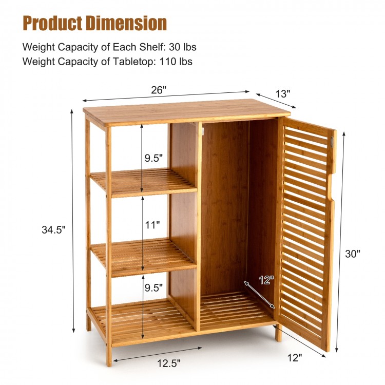 Bamboo bathroom storage cabinet with single door and three shelves, compact design for versatile placement and easy.