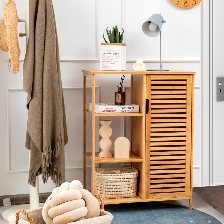 Bamboo bathroom storage cabinet with single louvered door and three shelves, ideal for compact spaces and organization.