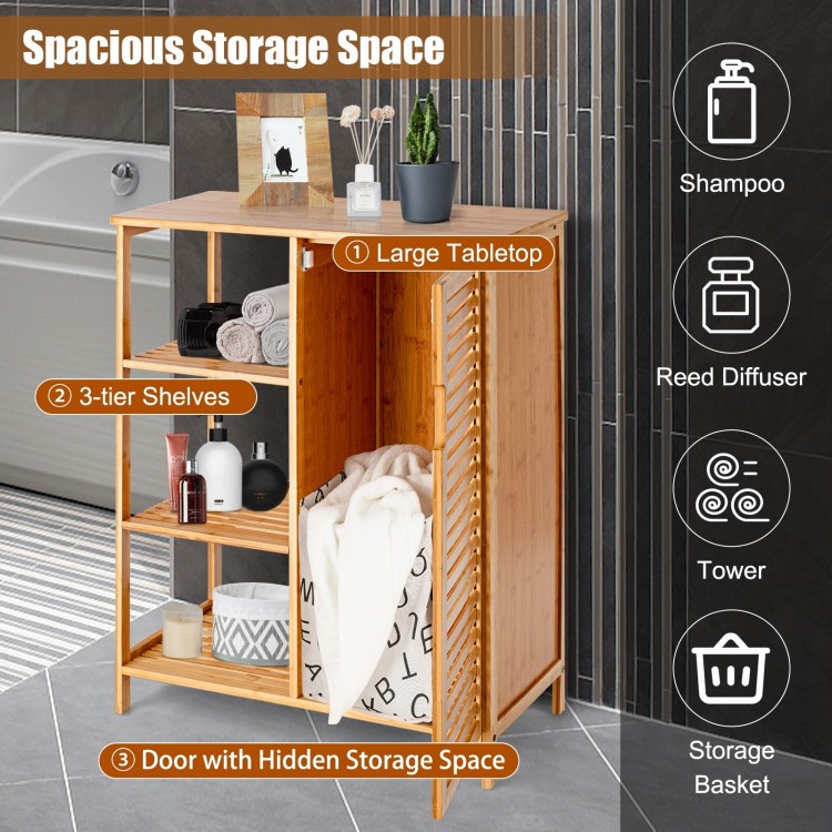 Bamboo bathroom storage cabinet with single door and 3 shelves, ideal for organizing supplies in compact spaces.