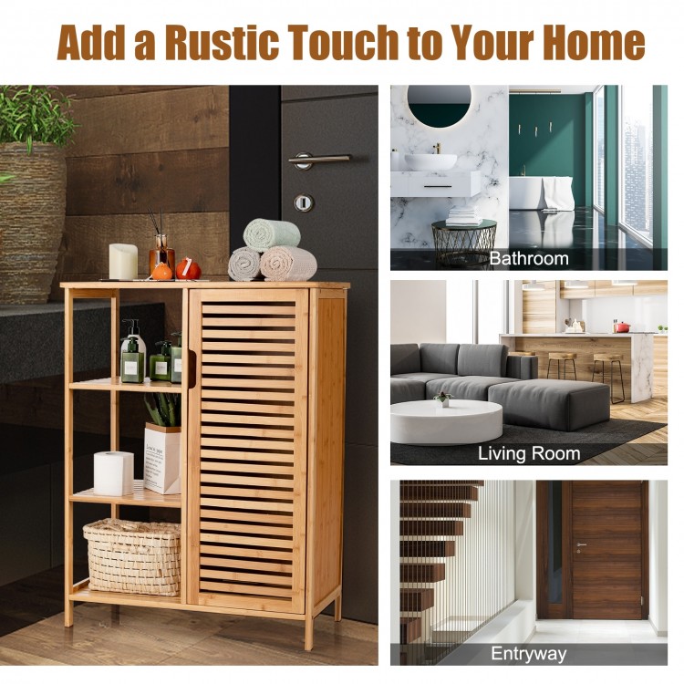 Bamboo bathroom storage cabinet with single louvered door and three shelves, perfect for compact spaces and easy.