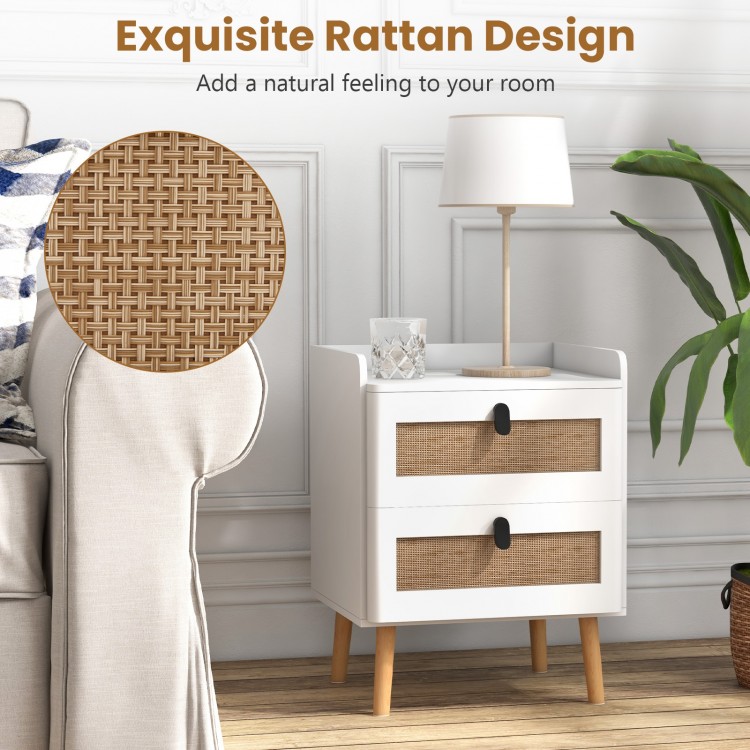 Modern end table featuring two rattan-decorated drawers and a white finish, ideal for stylish home decor and storage.