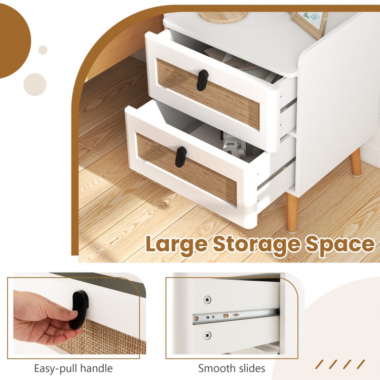 Modern bedside table featuring two rattan-decorated drawers, ample storage, and a stylish white finish for home decor.