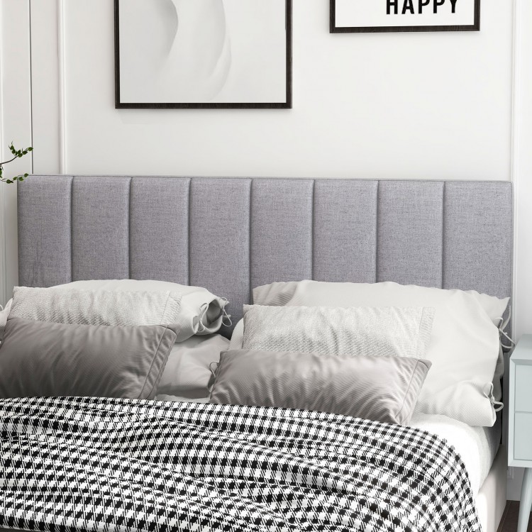 Gray linen upholstered headboard with vertical channel tufting, sponge padding, and solid wood legs for full or queen.