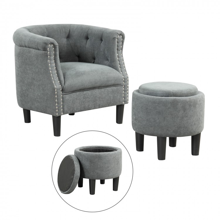 Modern grey accent chair with tufted design and matching ottoman for versatile use in living room or bedroom.