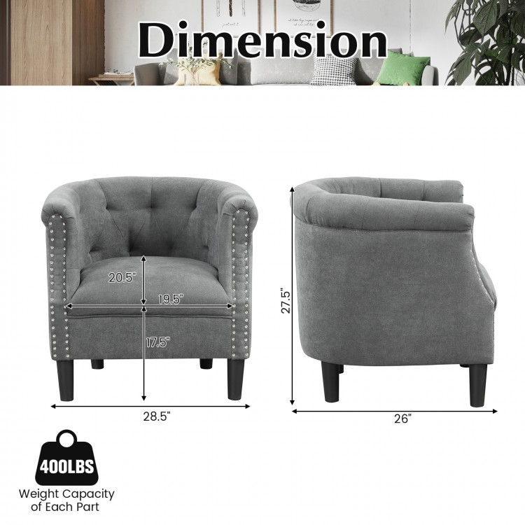 Modern accent chair with ottoman in grey, featuring tufted design, sturdy legs, and 400 lbs weight capacity for.