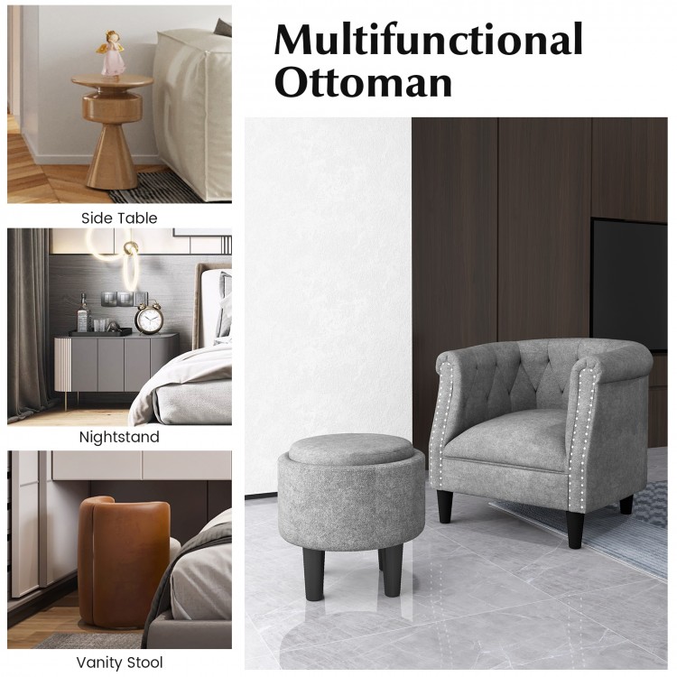 Modern grey ottoman with removable lid, serving as a side table and footrest, ideal for living room or bedroom use.