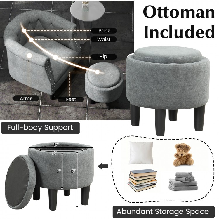 Modern accent chair with ottoman in grey, featuring tufted design, removable lid, and ample storage space for versatile.