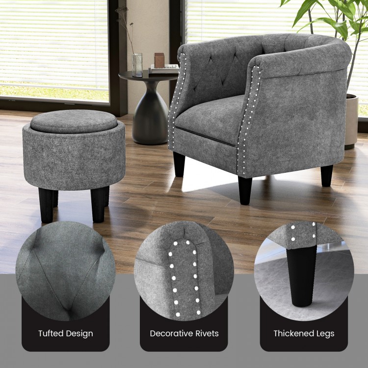 Modern accent chair with ottoman in grey, featuring tufted design, decorative rivets, and thickened legs for stability.