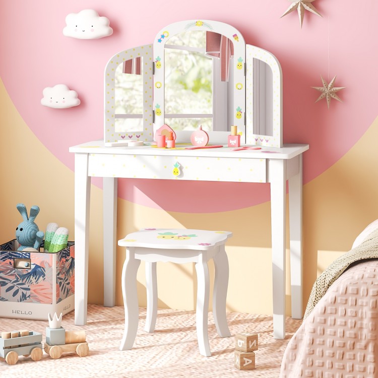 Kids vanity table set in white with tri-folding mirror, large drawer, and cute patterns for children over 3 years old.
