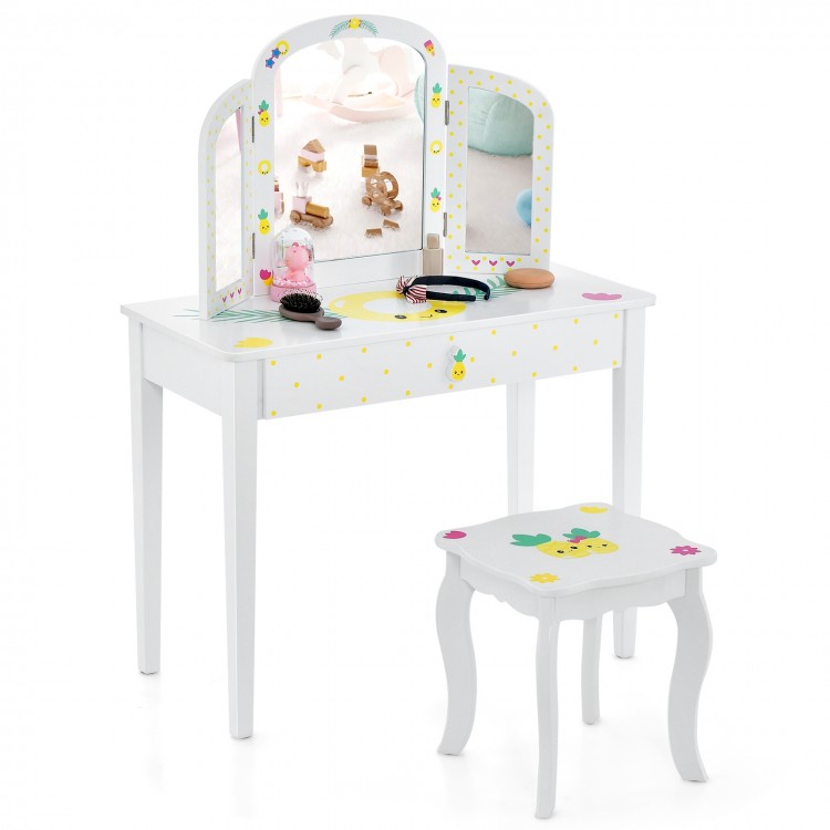 Child-sized vanity table with detachable tri-folding mirror and large pull-out drawer, designed for kids over 3 years.