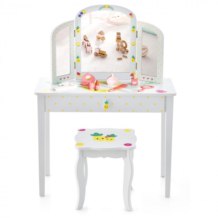 Kids vanity table set in white with tri-folding mirror, large drawer, and cute patterns for ages 3 and up.