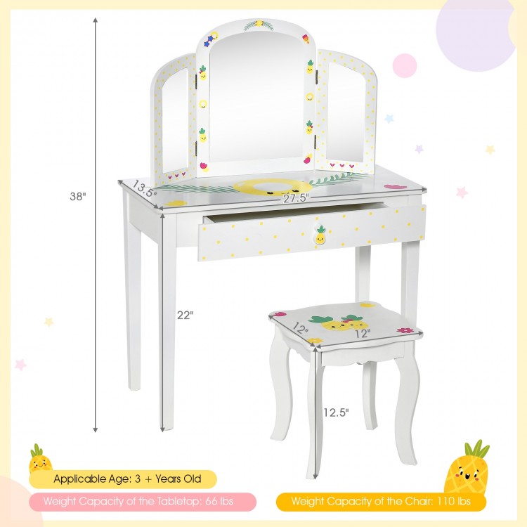 Kids vanity table set with tri-fold mirror, large drawer, and cute patterns, perfect for children over 3 years old.