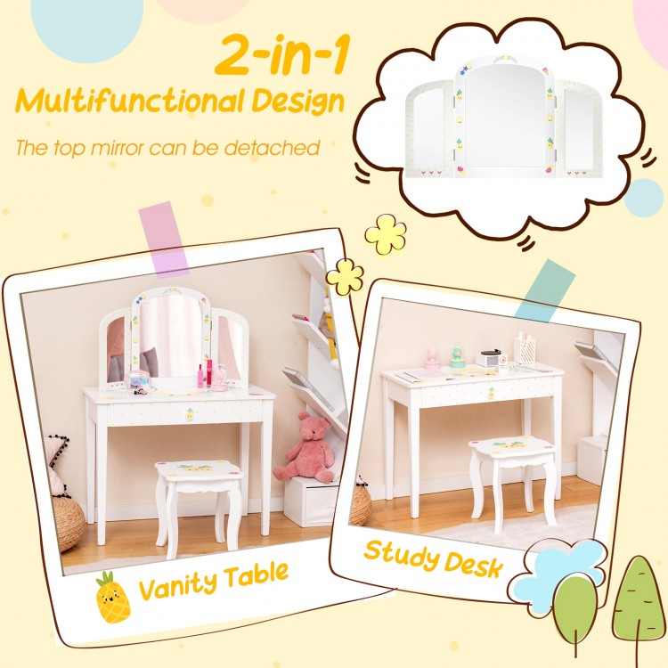 Kids vanity table set in white with a detachable tri-folding mirror and large drawer, perfect for dressing or studying.