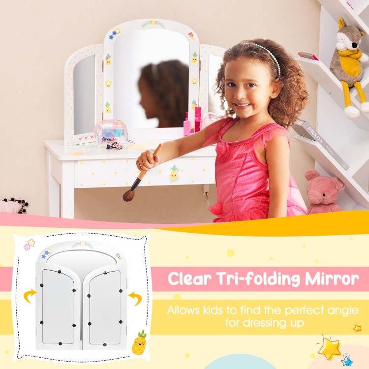 Clear tri-folding mirror on a kids vanity table set, featuring a large drawer and cute patterns for dressing up.