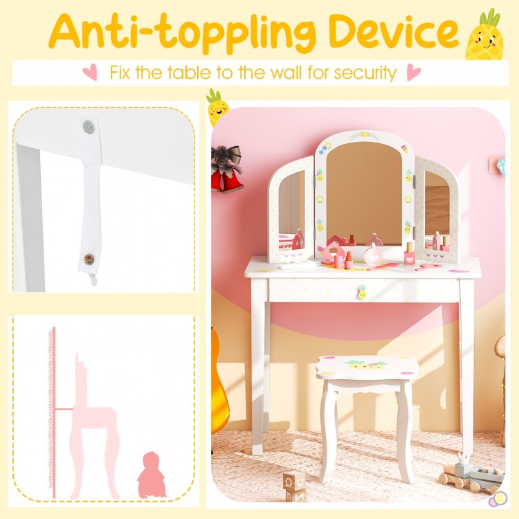 Kids vanity table set in white with tri-folding mirror, large drawer, and anti-toppling design for stability and safety.