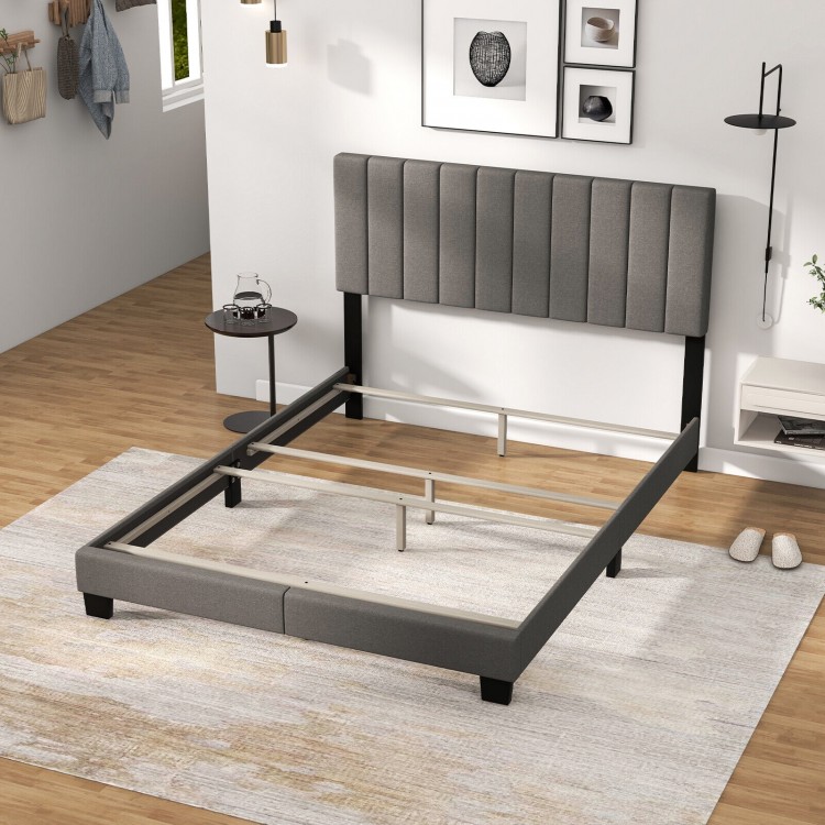 Queen size upholstered bed frame in gray with vertical channel tufted headboard, perfect for modern bedroom decor.