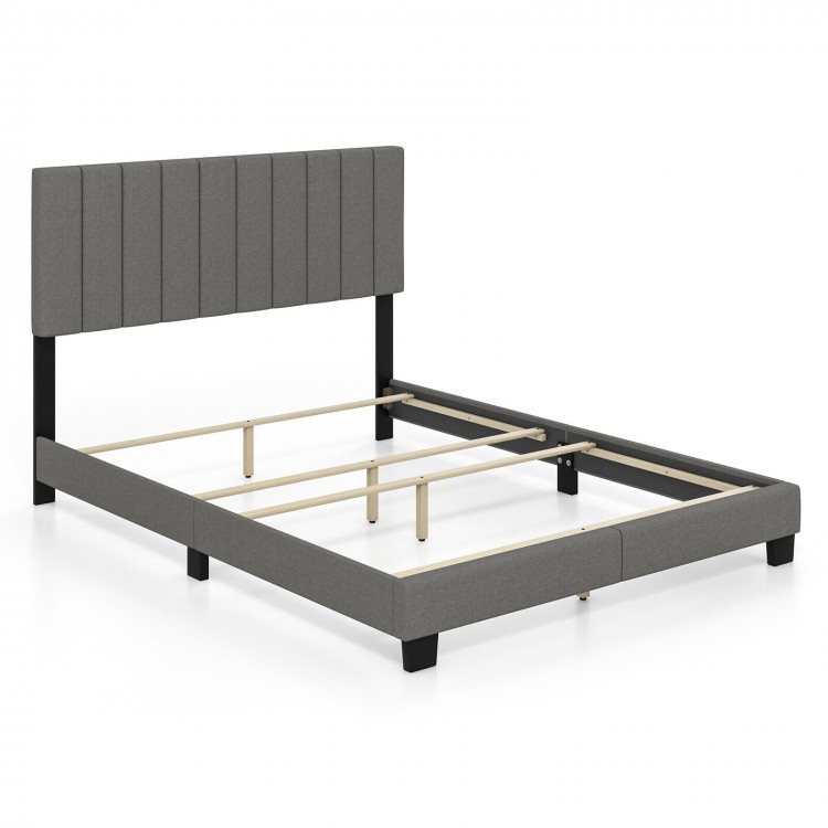 Queen size upholstered bed frame in gray with vertical channel tufted headboard, ideal for modern bedroom decor.