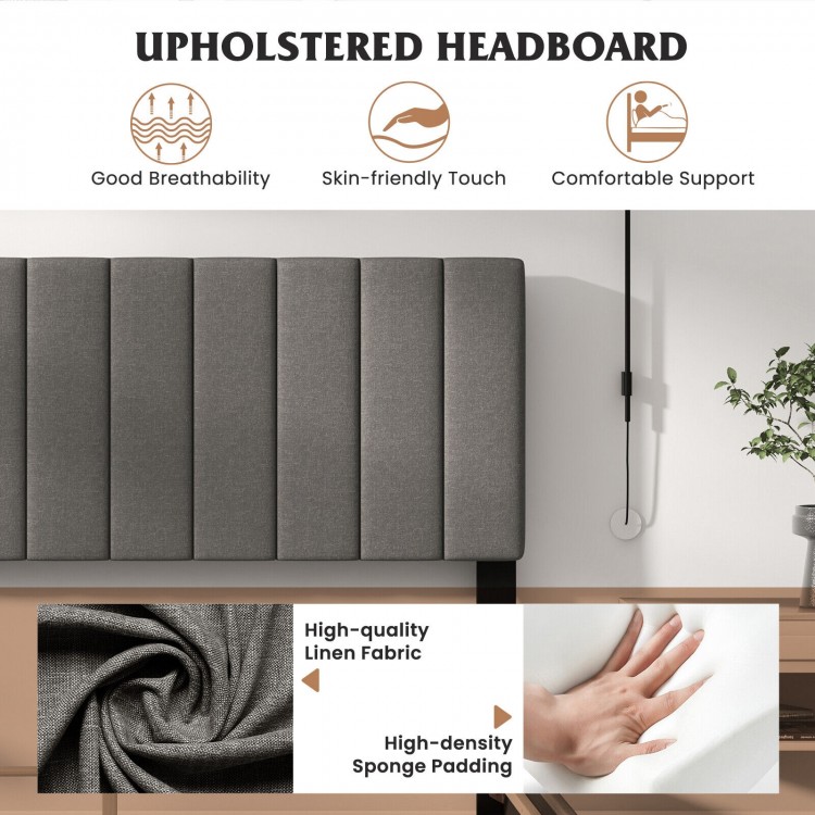 Queen size upholstered bed frame with gray vertical channel tufted headboard and high-density sponge padding for.