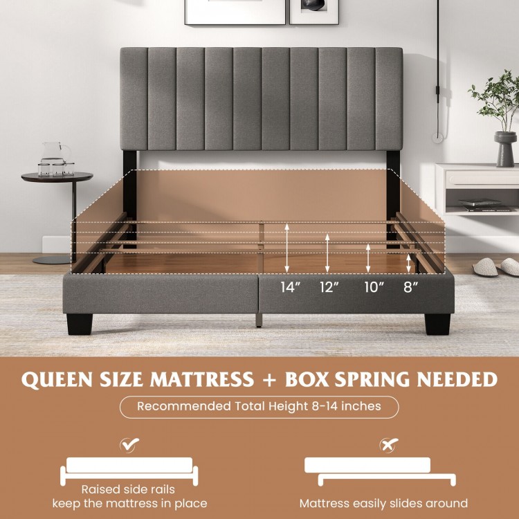 Gray queen size upholstered bed frame with vertical channel tufted headboard and solid slats for sturdy mattress.