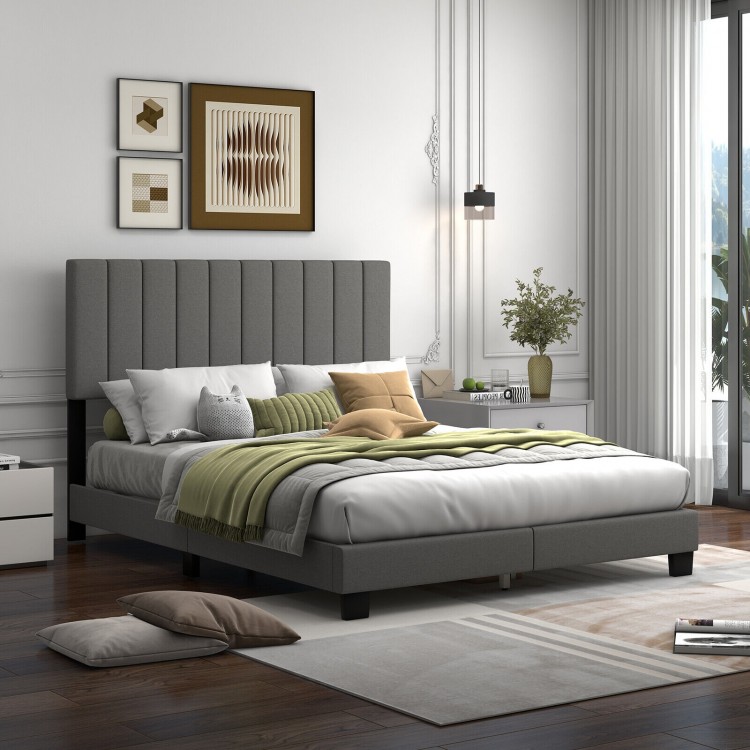 Queen Size Upholstered Bed Frame with Linen Fabric Headboard Gray - Gallery View 9 of 10