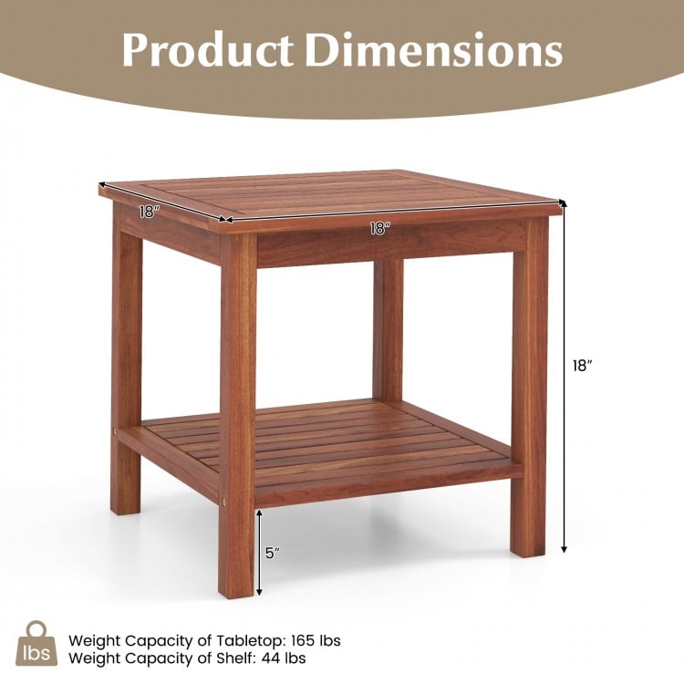 Double-tier acacia wood patio side table with slatted tabletop and shelf, ideal for backyard and poolside use.