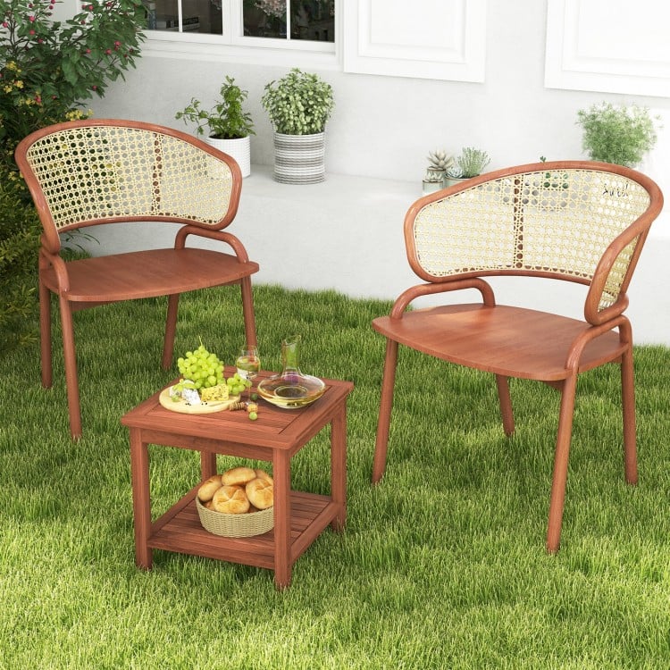 Double-tier acacia wood patio side table with slatted top, perfect for drinks and snacks in outdoor settings.