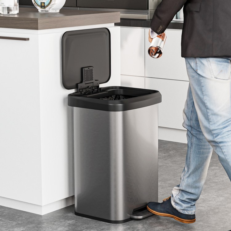 Step trash can in silver with a soft close lid and deodorizer compartment, ideal for home or office use.