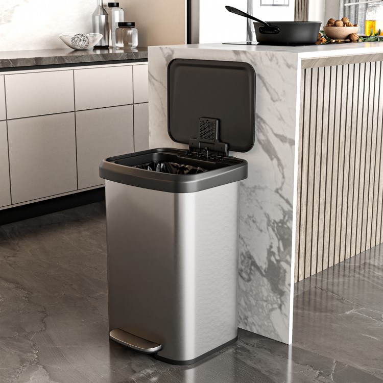 Stainless steel 13.2-gallon step trash can with soft close lid and built-in deodorizer compartment for kitchen use.