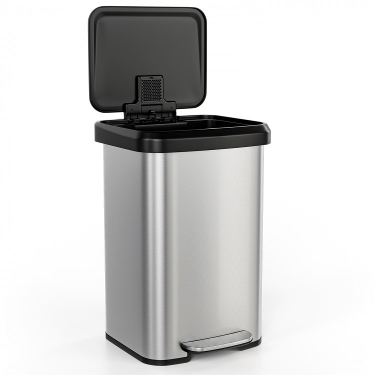 Stainless steel 13.2-gallon step trash can with soft close lid and built-in deodorizer compartment for home or office.