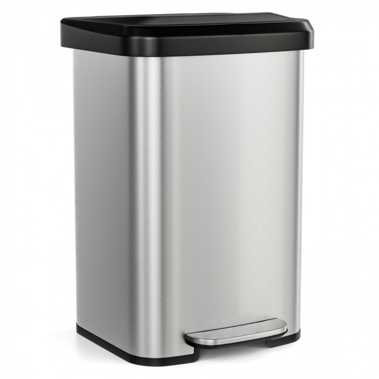 Sleek silver step trash can with 13.2-gallon capacity, featuring a wide pedal for effortless foot operation and soft.