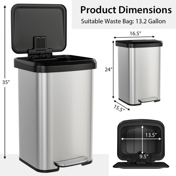 Stainless steel 13.2-gallon step trash can with soft close lid, deodorizer compartment, and dimensions for home or.