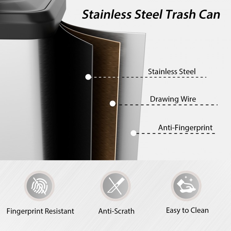 Stainless steel trash can with anti-fingerprint finish, soft close lid, and built-in deodorizer compartment for easy.