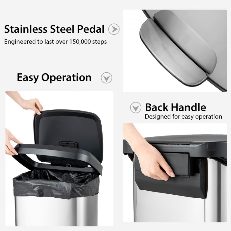 Stainless steel 13.2-gallon step trash can with soft close lid and back handle for easy operation and odor control.