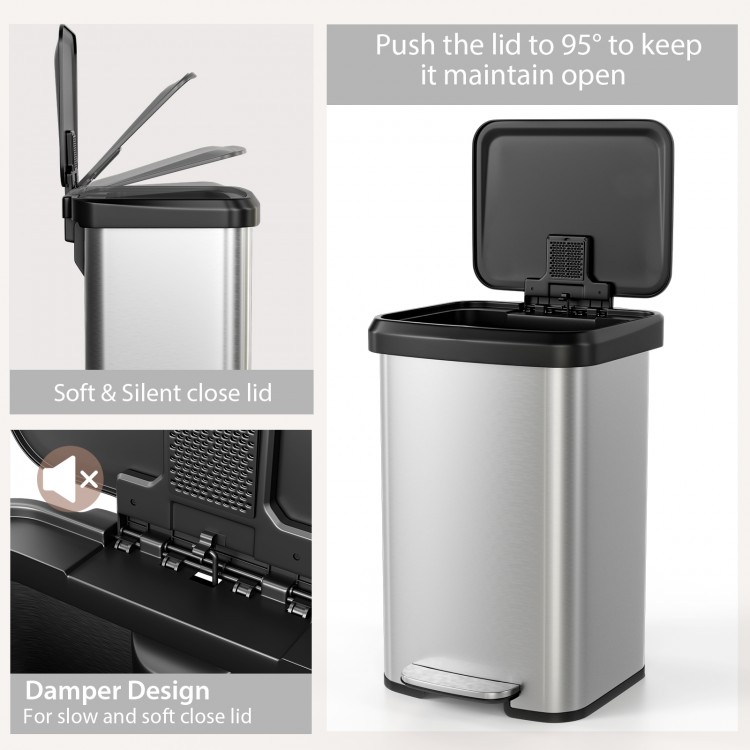 Step trash can with soft close lid, 13.2-gallon capacity, stainless steel design, ideal for home or office use.