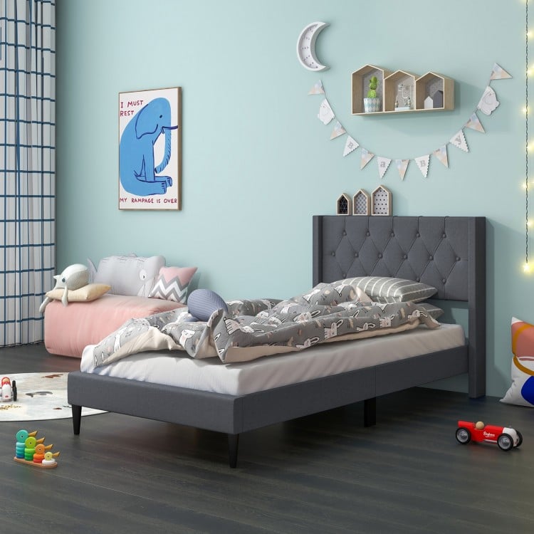 Twin size upholstered platform bed in gray showcasing stylish button tufted wingback headboard, perfect for optimizing.