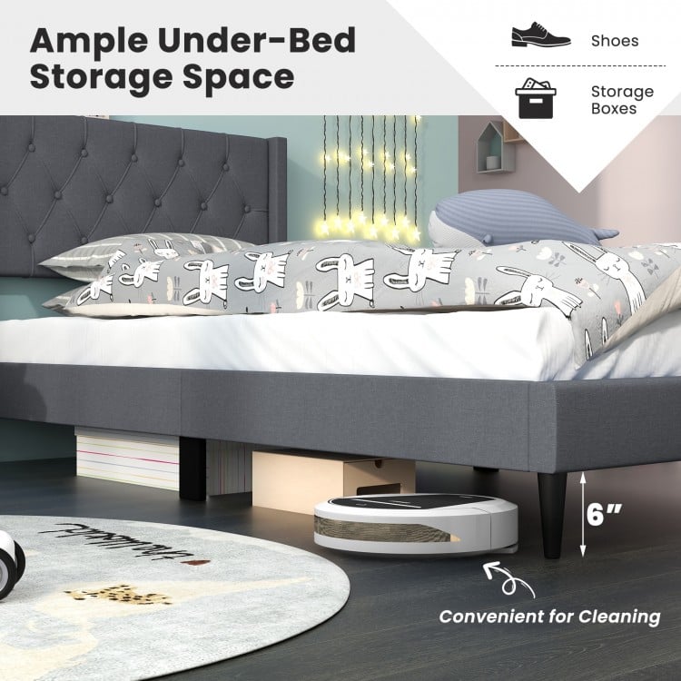 Twin size upholstered platform bed in gray with button tufted headboard and ample under-bed storage for efficient.