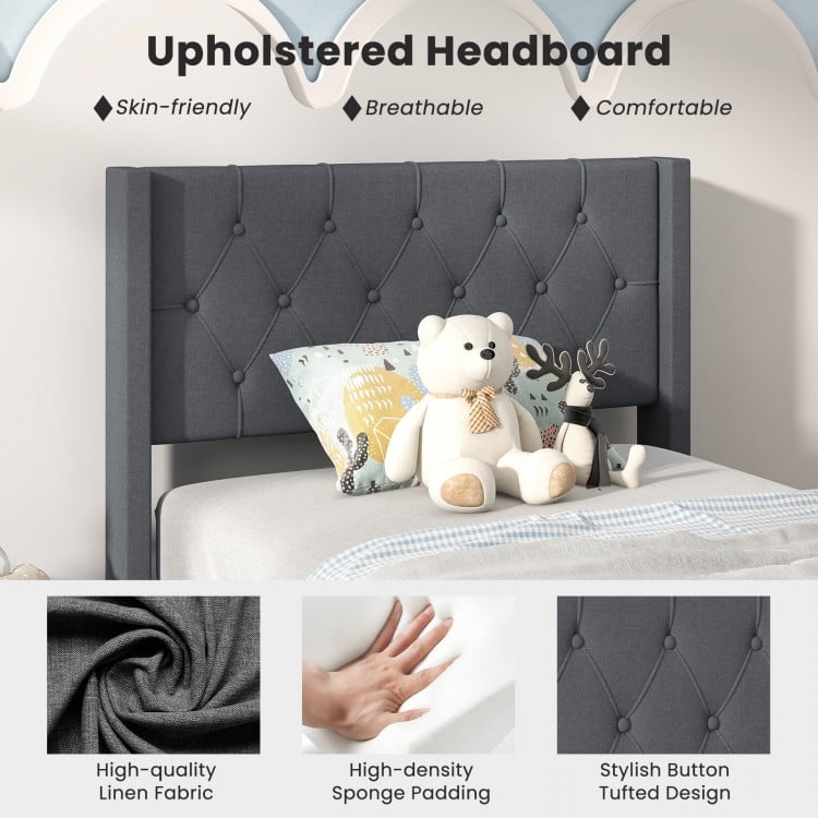 Twin size upholstered platform bed with gray button tufted headboard, featuring high-density sponge padding for comfort.